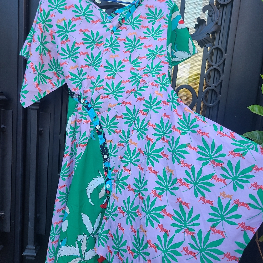 Jucy Judy xs multi print grasshopper asymmetrical hem and sleeve unique dress.